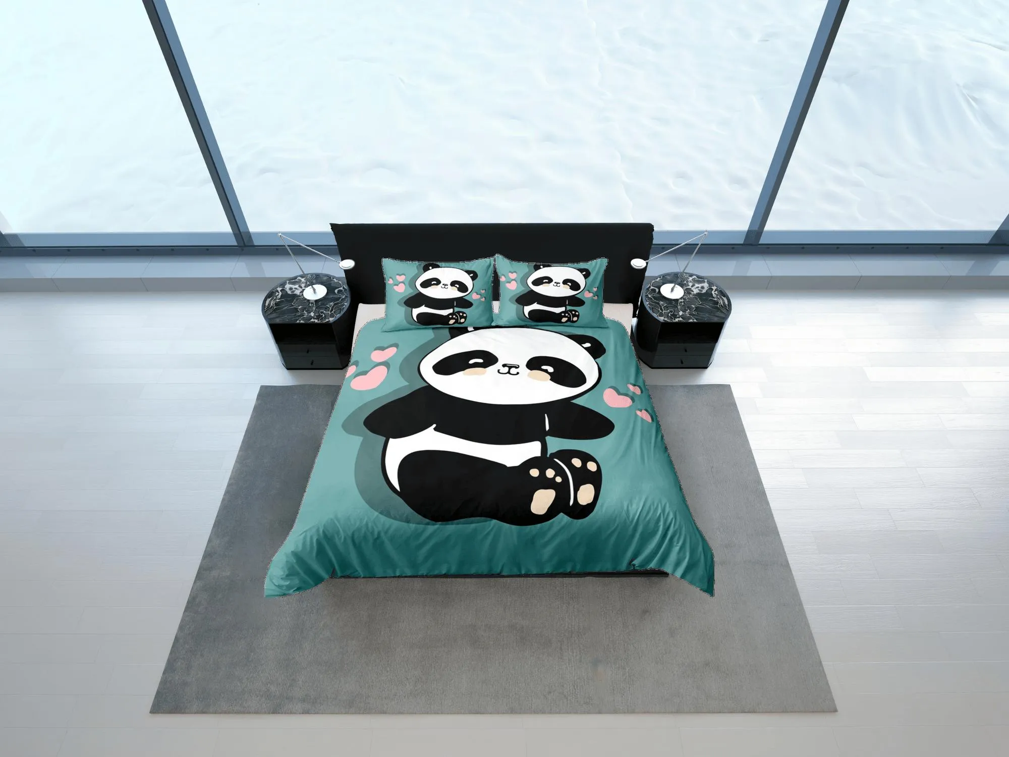 Panda teal green duvet cover set kids, bedding set full, king, queen, dorm bedding, toddler bedding, aesthetic bedspread, panda lovers gift