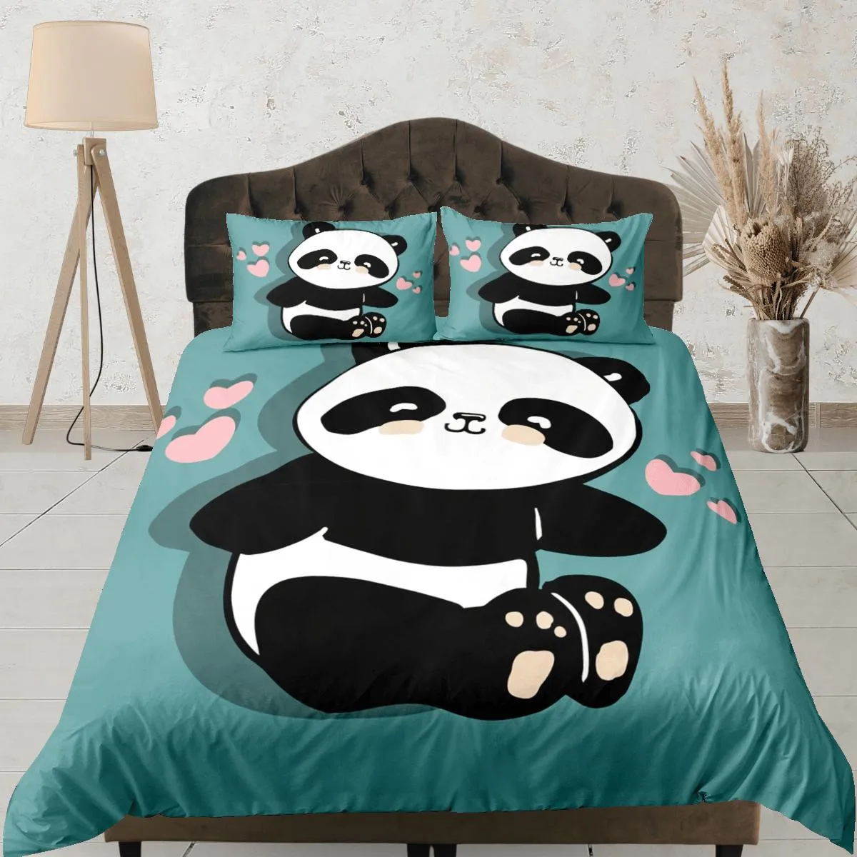 Panda teal green duvet cover set kids, bedding set full, king, queen, dorm bedding, toddler bedding, aesthetic bedspread, panda lovers gift