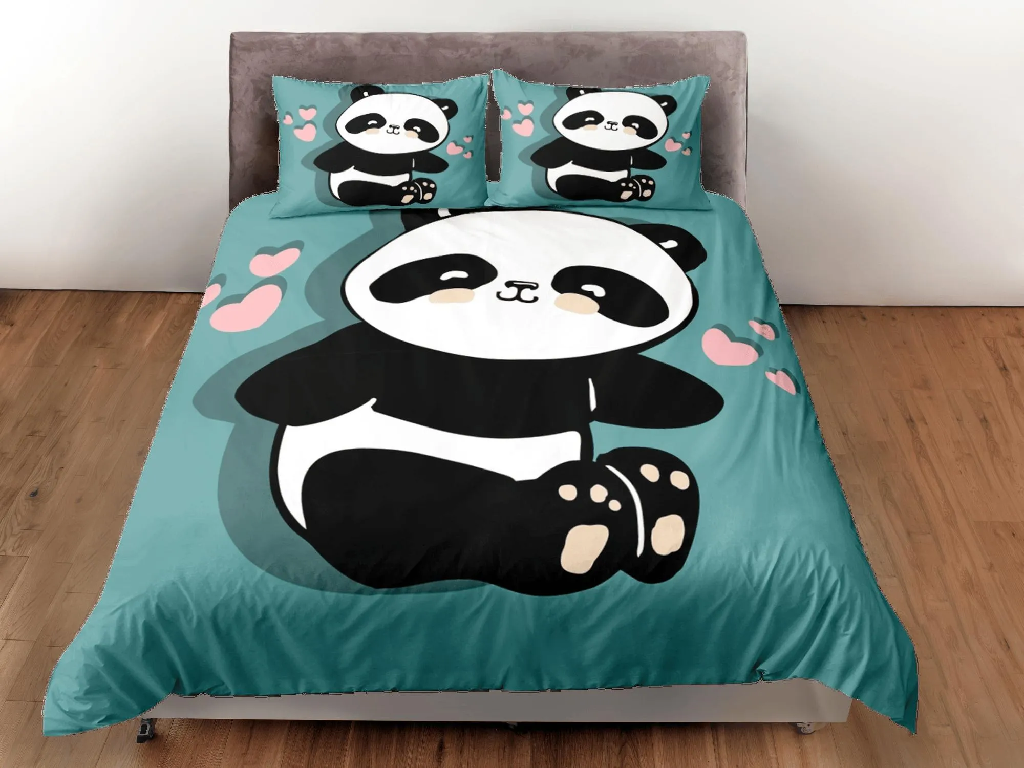 Panda teal green duvet cover set kids, bedding set full, king, queen, dorm bedding, toddler bedding, aesthetic bedspread, panda lovers gift