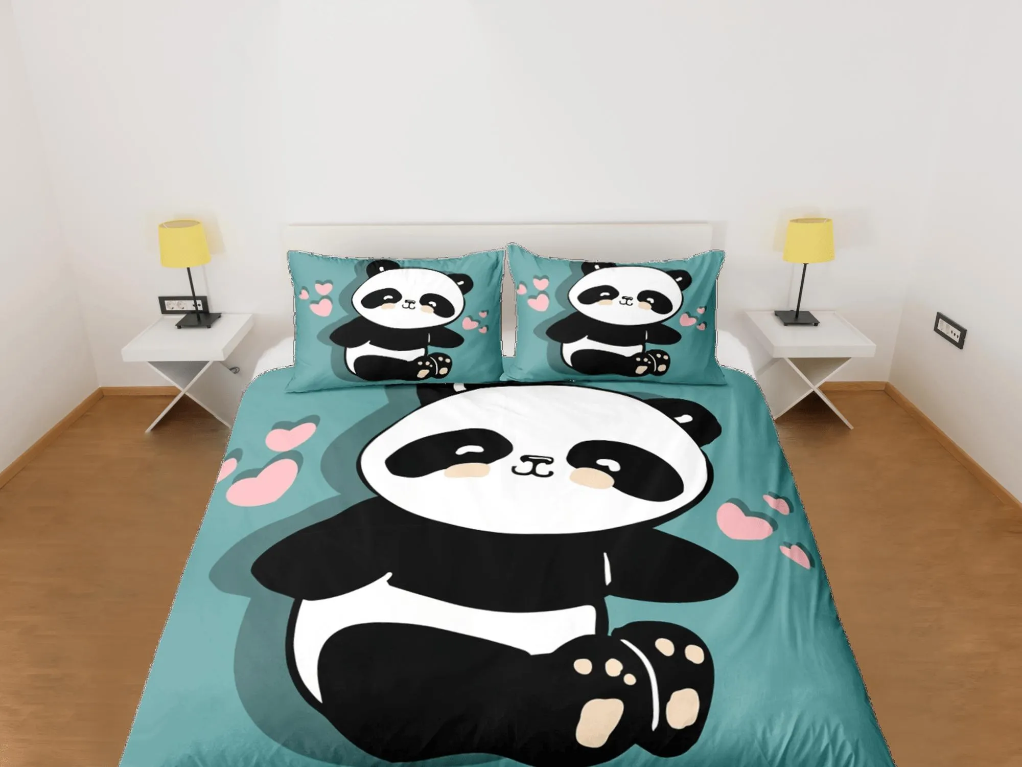 Panda teal green duvet cover set kids, bedding set full, king, queen, dorm bedding, toddler bedding, aesthetic bedspread, panda lovers gift