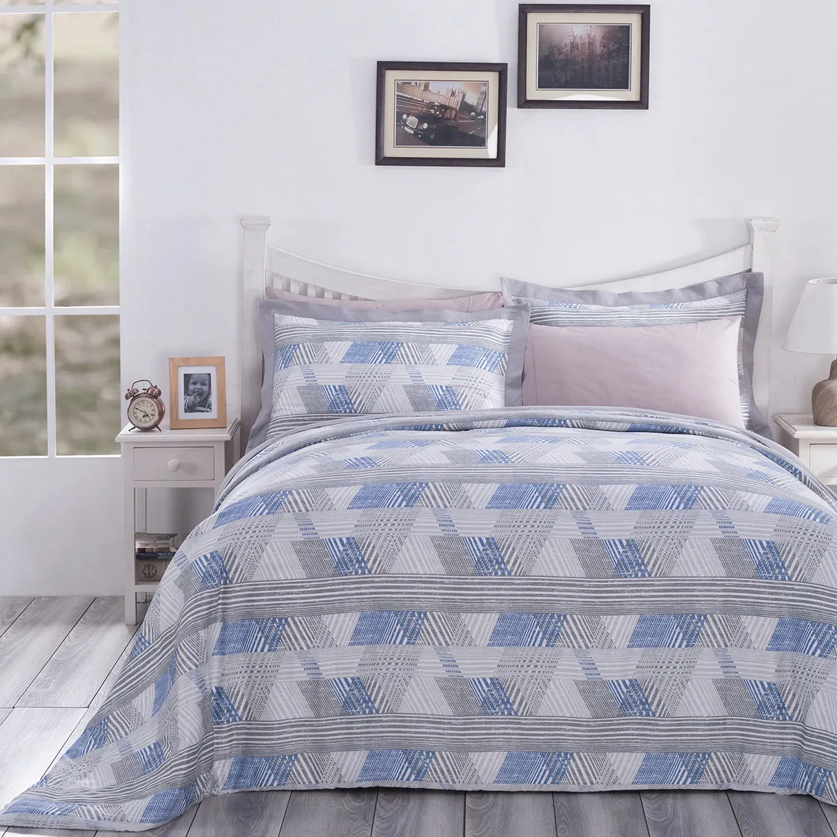 PBS Nomad Scuplt Maximus Blue Plain & Printed Reversible 100% Cotton Super Soft Duvet Cover with Pillow Case