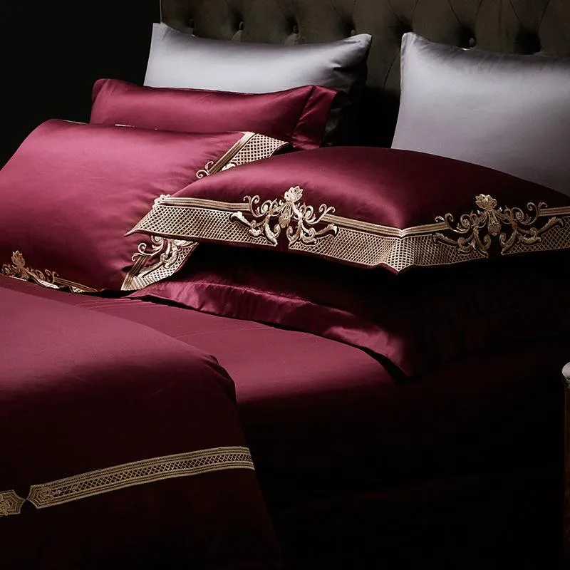 Persian  Royal Maroon Style Luxury Duvet Set 100% Egyptian Cotton With Golden Embroidery