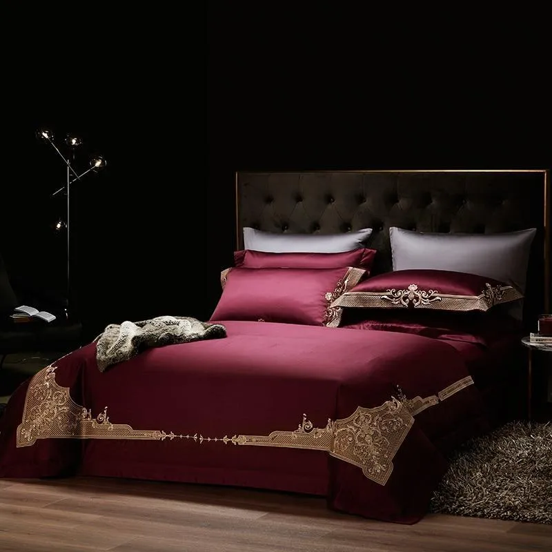 Persian  Royal Maroon Style Luxury Duvet Set 100% Egyptian Cotton With Golden Embroidery