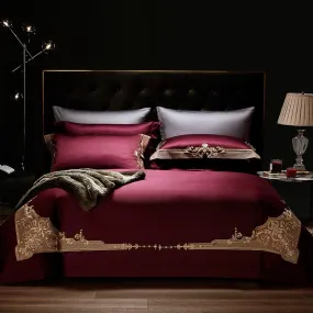 Persian  Royal Maroon Style Luxury Duvet Set 100% Egyptian Cotton With Golden Embroidery