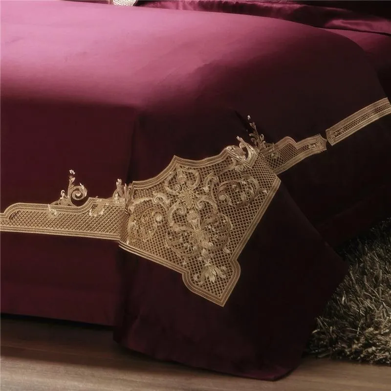 Persian  Royal Maroon Style Luxury Duvet Set 100% Egyptian Cotton With Golden Embroidery