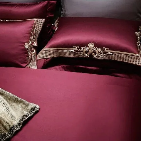 Persian  Royal Maroon Style Luxury Duvet Set 100% Egyptian Cotton With Golden Embroidery