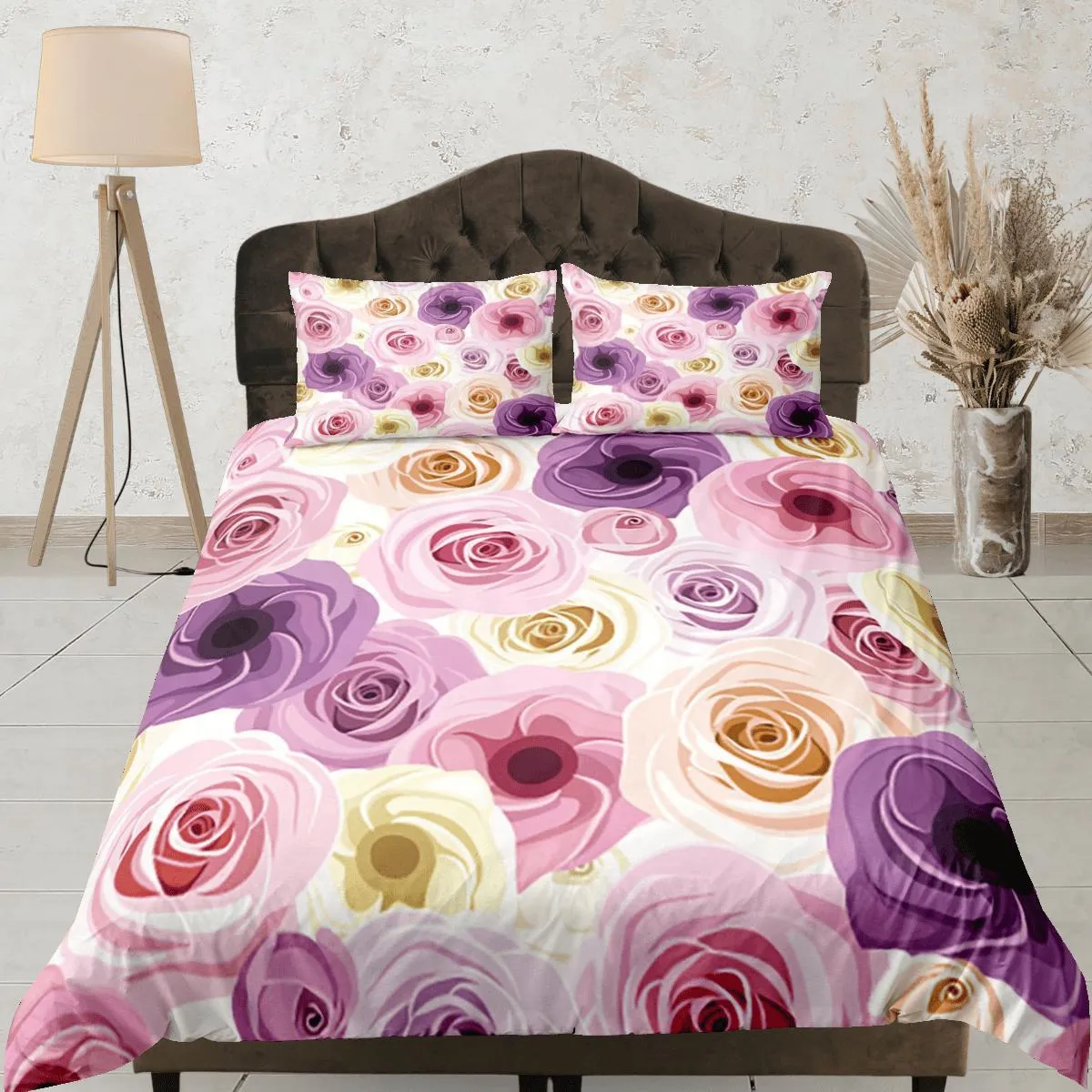 Pink Roses Duvet Cover Set Colorful Bedspread, Floral Girly Dorm Bedding Pillowcase