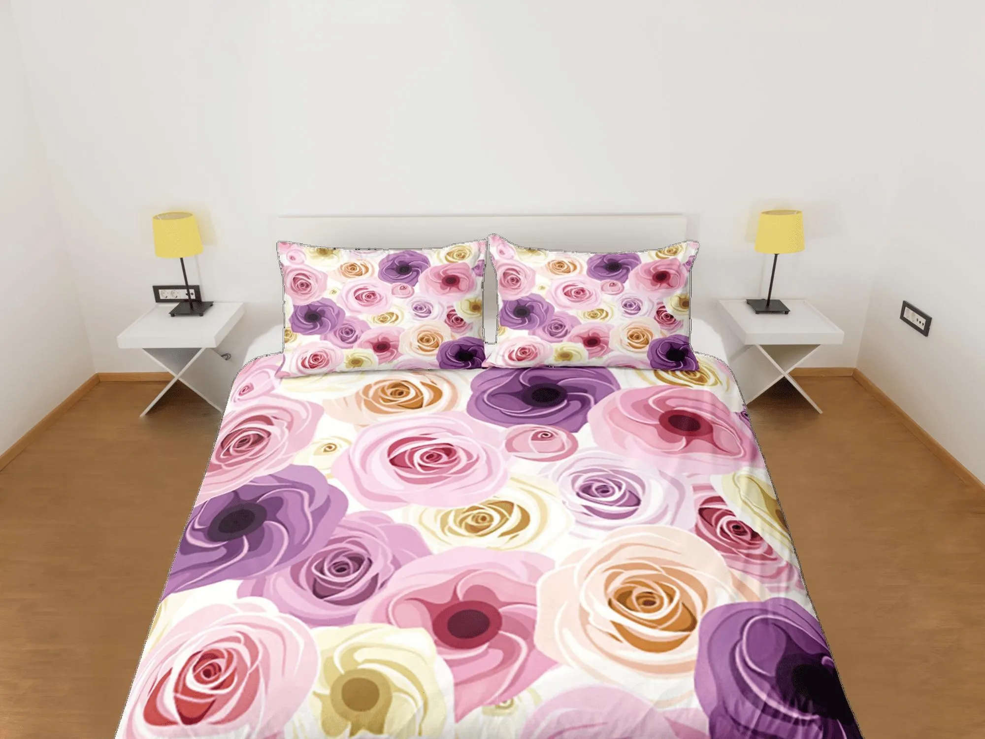 Pink Roses Duvet Cover Set Colorful Bedspread, Floral Girly Dorm Bedding Pillowcase