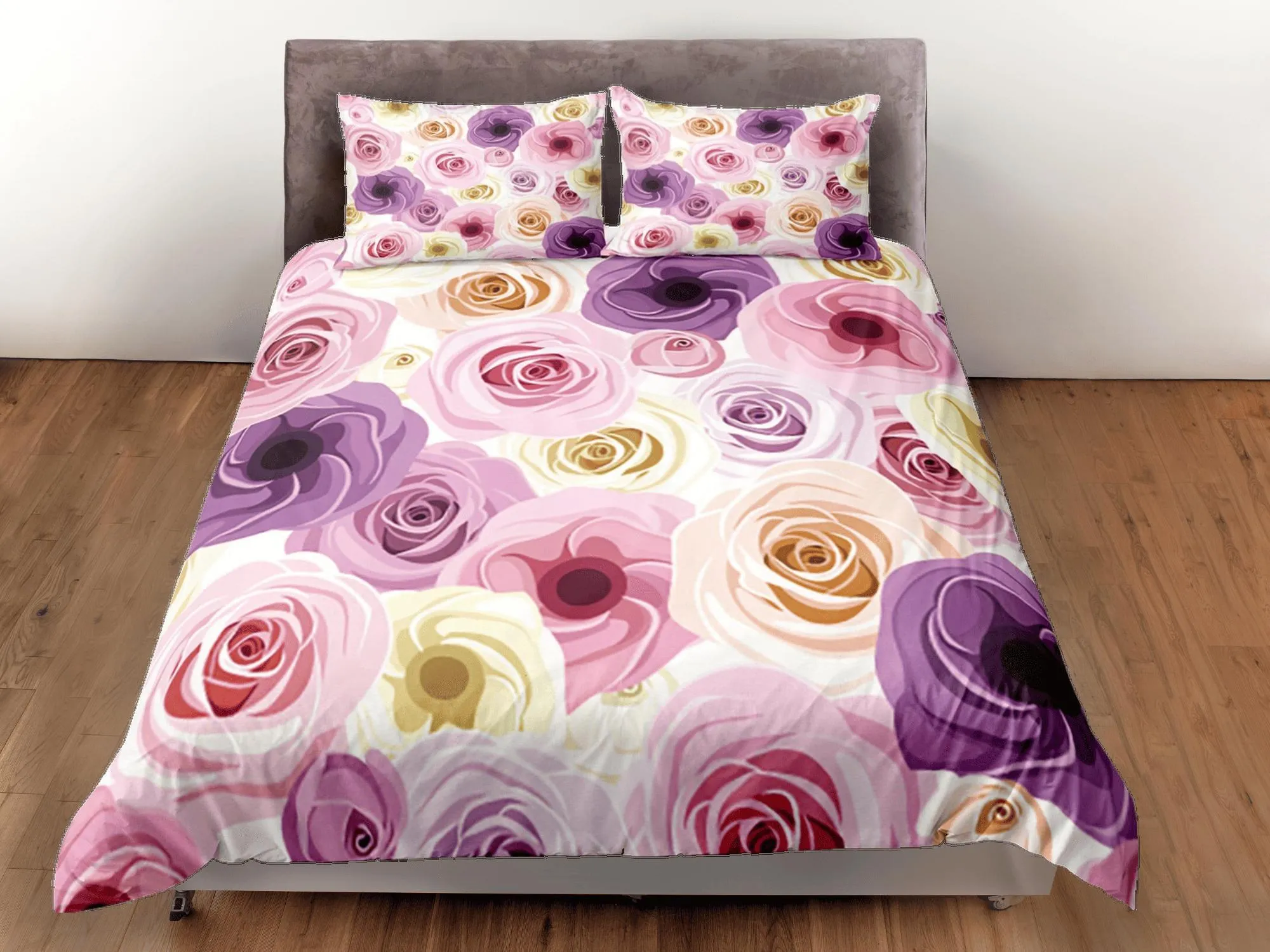 Pink Roses Duvet Cover Set Colorful Bedspread, Floral Girly Dorm Bedding Pillowcase