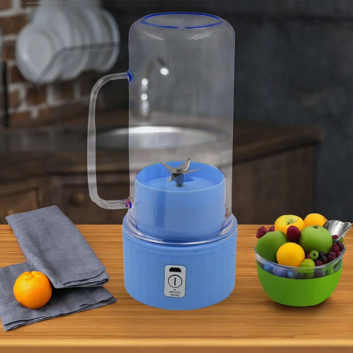 Portable Electric Juicer With Handle & Straw, USB Rechargeable 6 Stainless Steel Blades (500 ML)