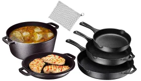 Pre Seasoned Cast Iron 6 Piece Bundle Gift Set, Double Dutch, 3 Piece Skillet & Chainmail