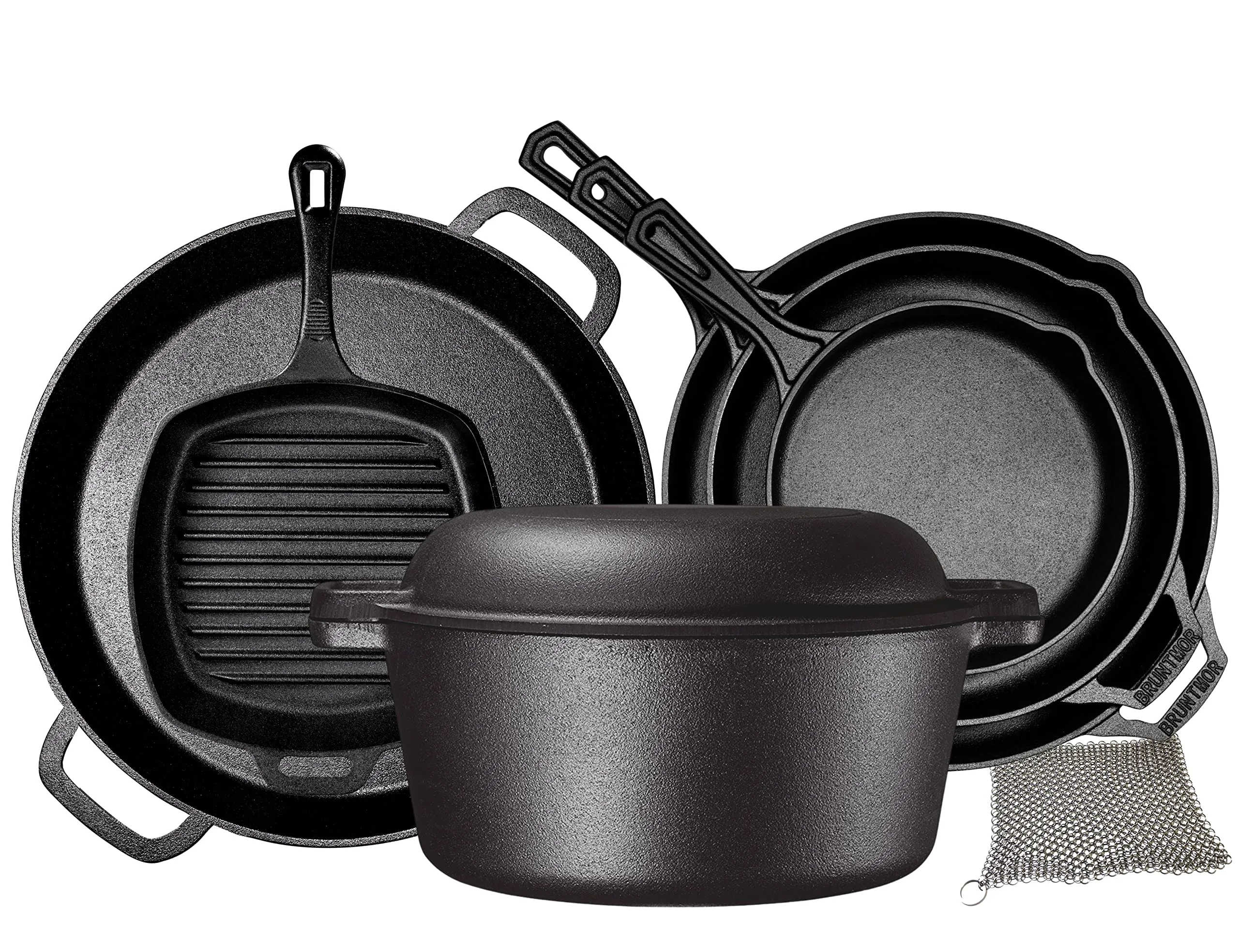 Pre Seasoned Cast Iron 6 Piece Bundle Gift Set, Double Dutch, Multi Cooker, Skillet & Pot