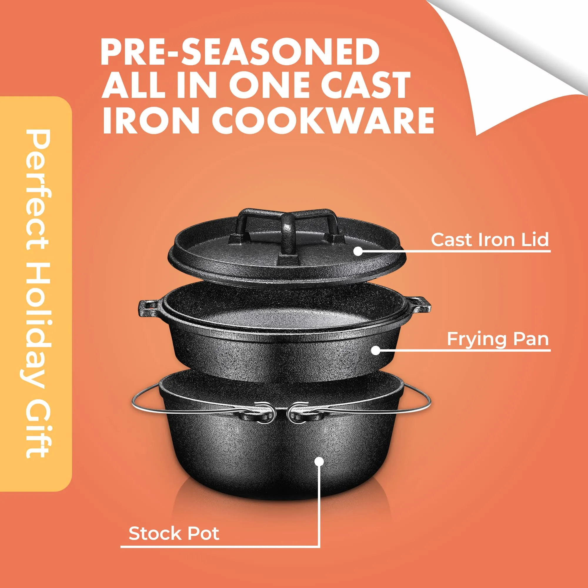 Pre Seasoned Cast Iron 7 Piece Bundle Kitchen Cooking Or Camping Cooking Set, Cookware Set