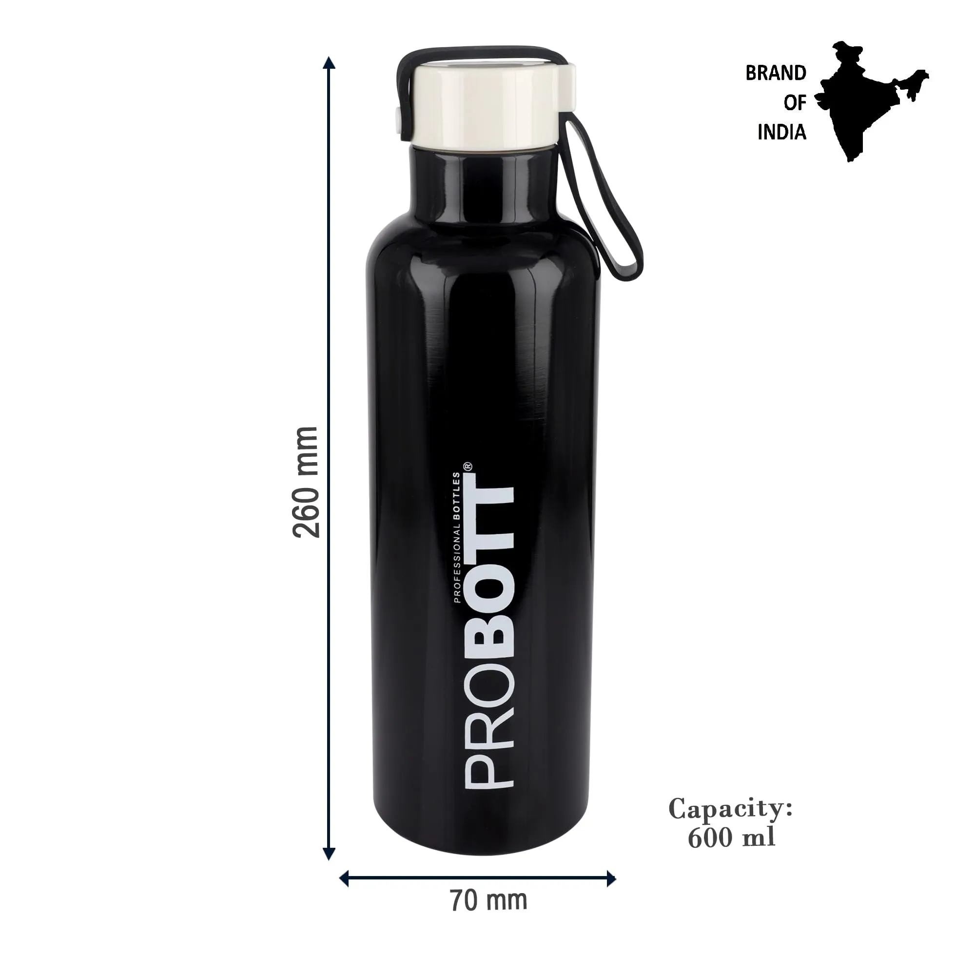 Probott Bang 600ml Thermoses Vacuum Insulated Flask Sports Bottle, Stainless Steel Water Bottles, Black | Sports Cap | Hot and Cold | Leak Proof | Water | Tea | Coffee | Office | Gym | Travel