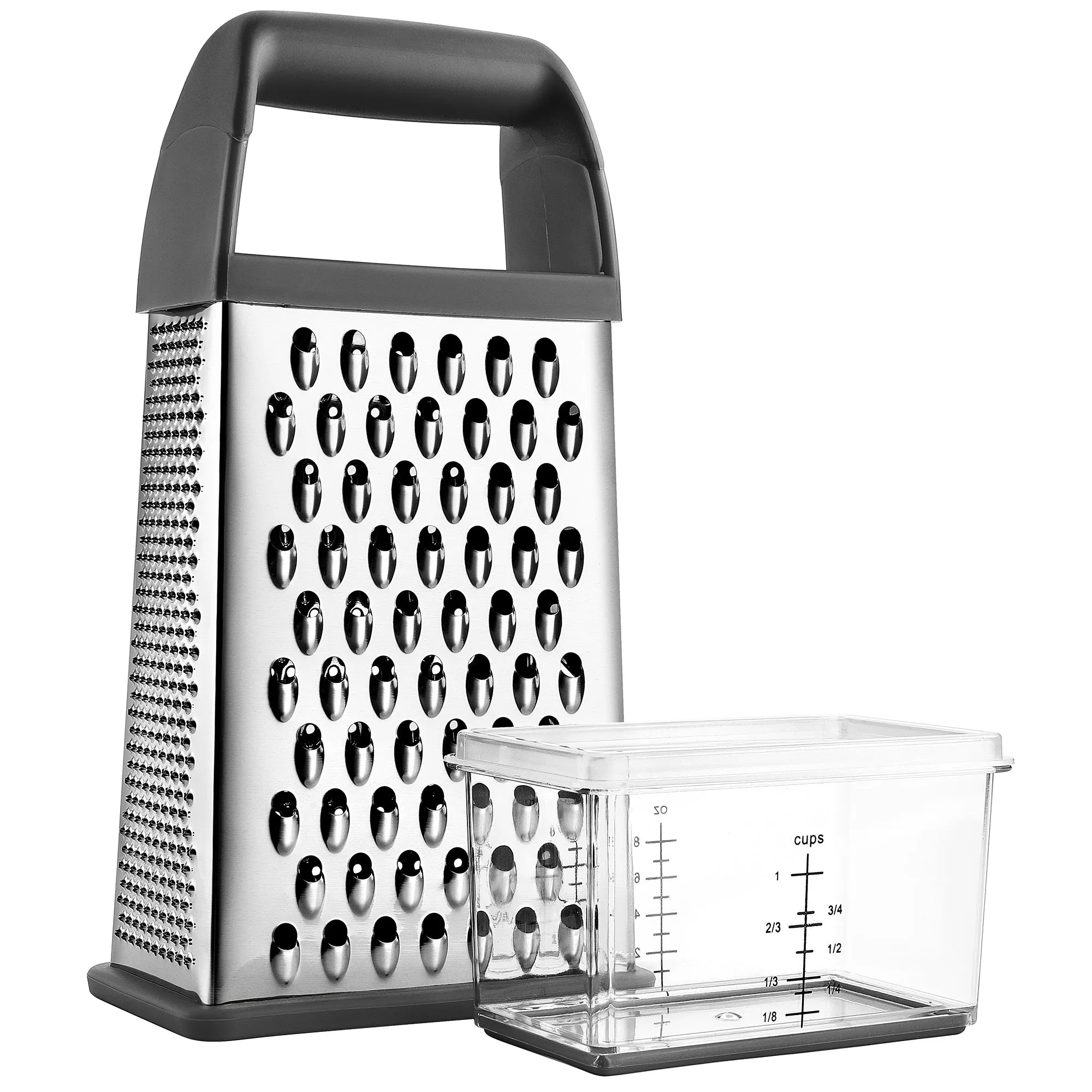 Professional Box Grater With Storage Container, Stainless Steel & Soft Grip Handle, 4 Sides, Handheld Kitchen Food Shredder