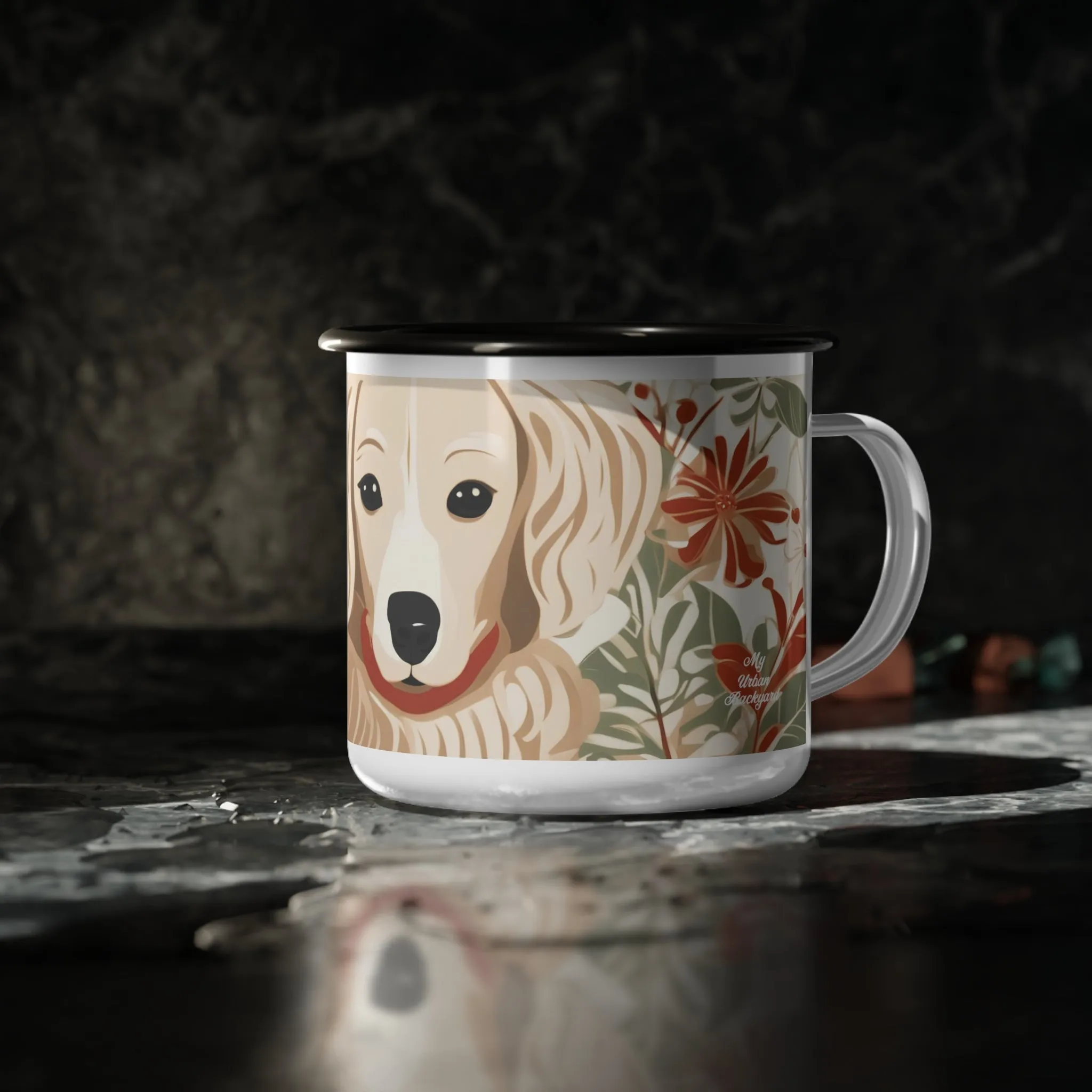 Puppy with Red Collar, Enamel Camping Mug for Coffee, Tea, Cocoa, or Cereal - 12oz