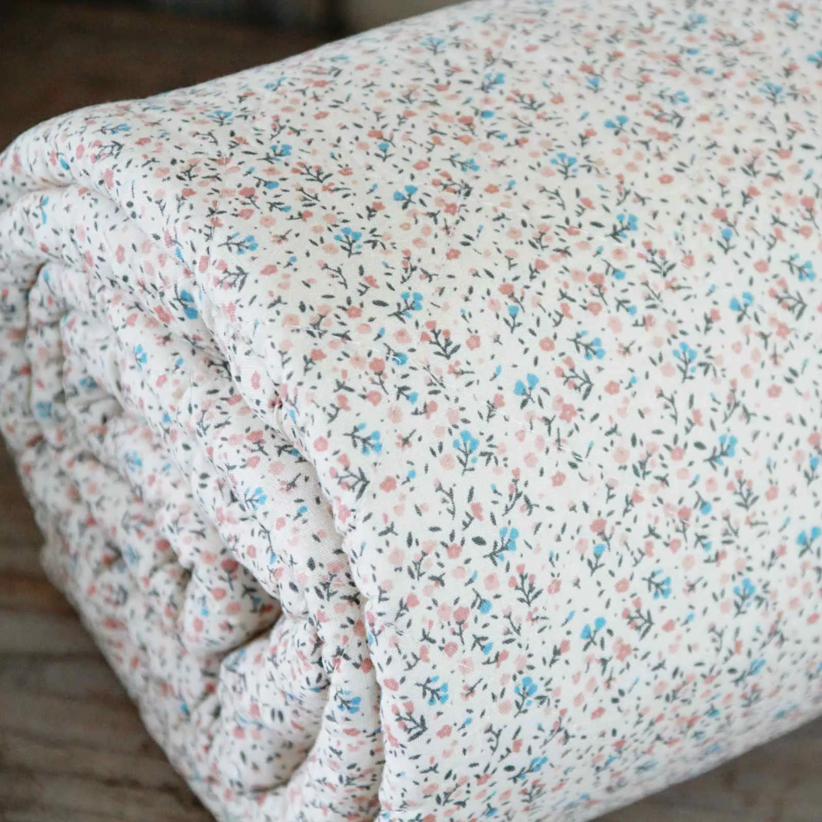 Quilted Bedspread - Pink & Blue Flowers