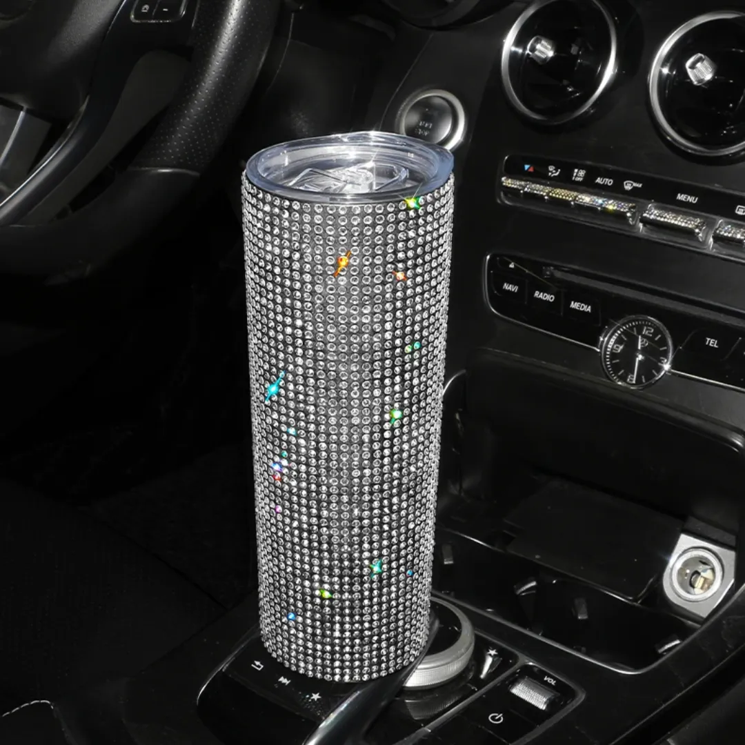 Rhinestone Tumbler with Lid and Straw - Stainless Steel Vacuum Flask