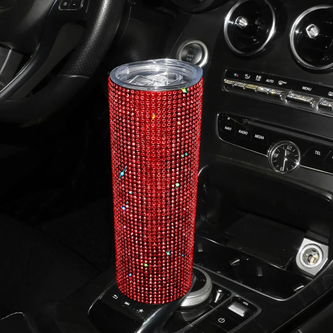 Rhinestone Tumbler with Lid and Straw - Stainless Steel Vacuum Flask