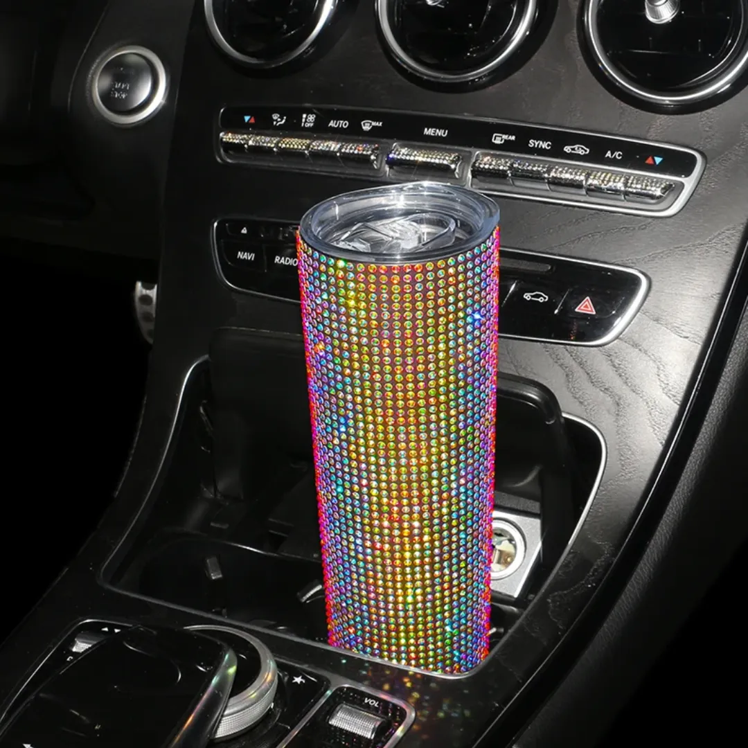 Rhinestone Tumbler with Lid and Straw - Stainless Steel Vacuum Flask