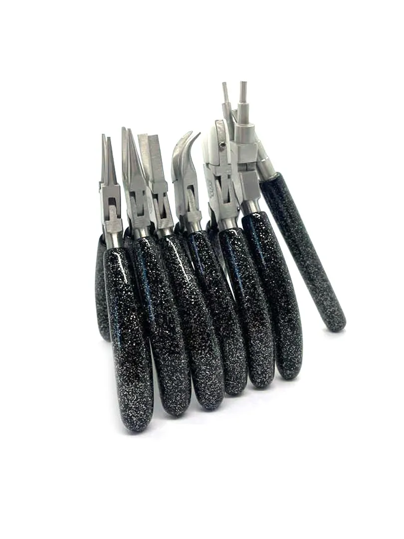 Set of Basic Jewelry Pliers. 9 pcs - Matte Black Clutch and Black Glitter Handle 4.5