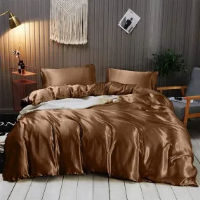 Silk Satin Sheet Set 7 Pcs Silky Texture Luxurious , Royal Look Silky Sheet Combo Set 1 Flat Sheet 1 Fitted Sheet 1 Duvet Cover 4 Pillowcases!| Brown/Cal-King