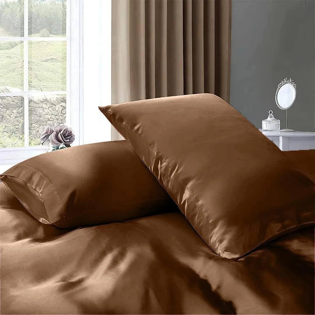 Silk Satin Sheet Set 7 Pcs Silky Texture Luxurious , Royal Look Silky Sheet Combo Set 1 Flat Sheet 1 Fitted Sheet 1 Duvet Cover 4 Pillowcases!| Brown/Cal-King