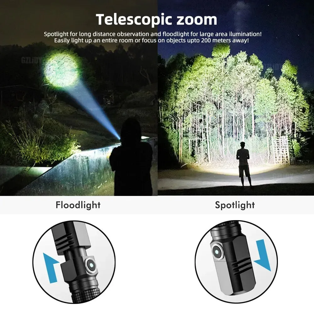 Super Bright MINI XHP50 LED Flashlight USB Torch Rechargeable Zoom Fishing Lantern Powerful 3 Lighting Mode Camping Lamp