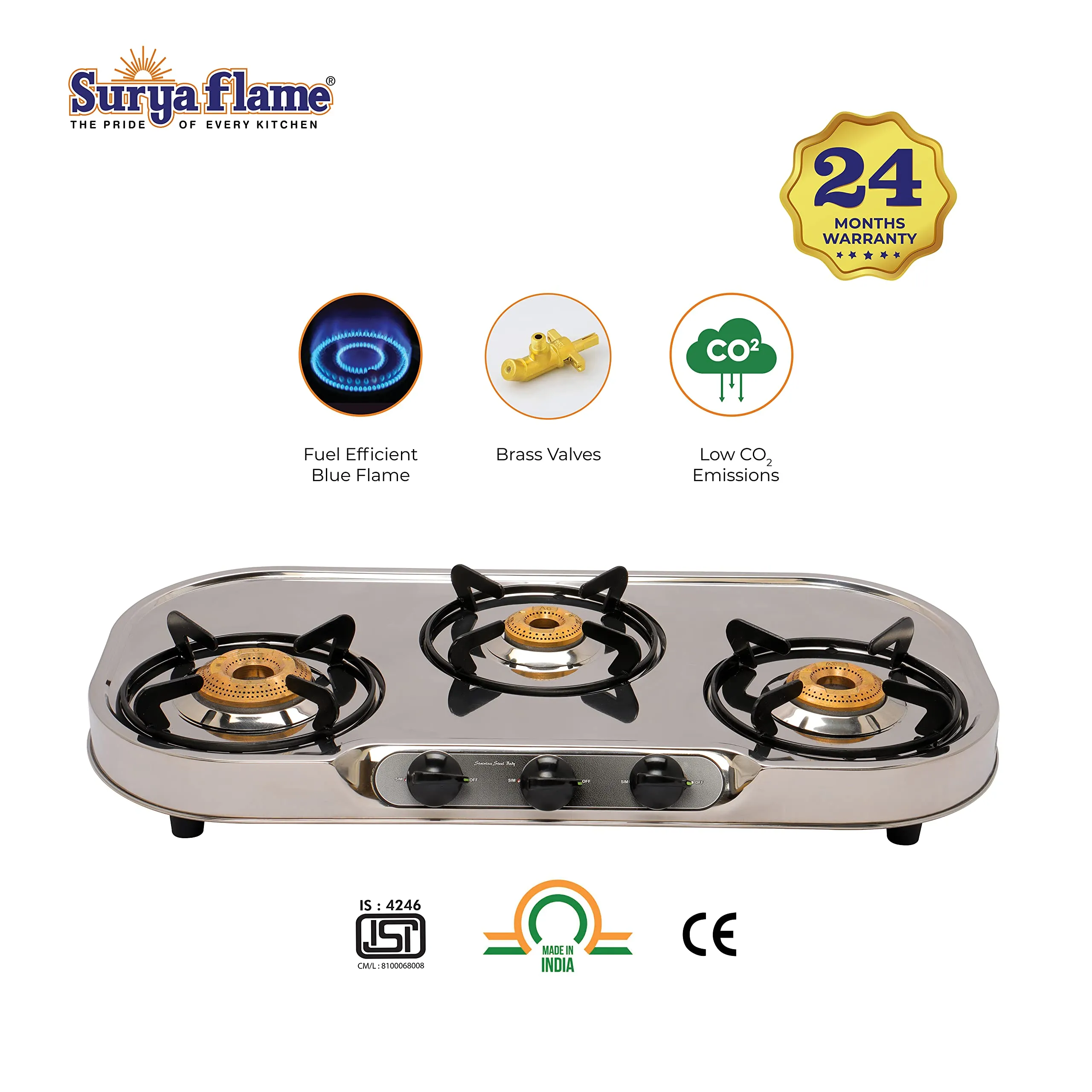 Surya Flame Costa Gas Stove 3 Burners Manual LPG Stove | LPG Gas Dual Layer Rubber Hose Pipe 1.5M | Stainless Steel Elegant Gas Stove Lighter With Knife, Peeler Knife and Shredder (Pack of 4)