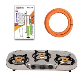 Surya Flame Costa Gas Stove 3 Burners Manual LPG Stove | LPG Gas Dual Layer Rubber Hose Pipe 1.5M | Stainless Steel Elegant Gas Stove Lighter With Knife, Peeler Knife and Shredder (Pack of 4)