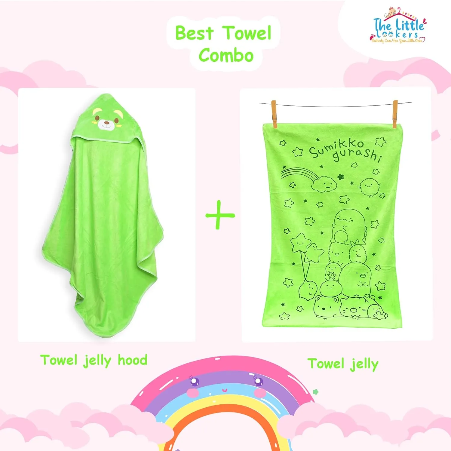 THE LITTLE LOOKERS Super Soft Baby Bath Towel Set | 1 Hooded Towel & 1 Bath Towel | for Infants & Babies - Set of 2