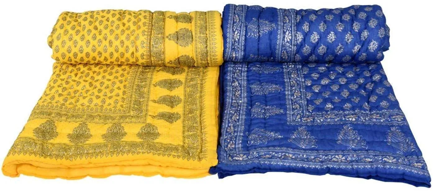 Throw’king Jaipuri Rajai/Razai Shade Single Bed Pure Cotton Jaipuri Razai/Rajai/Quilt/Blanket(55X85 inch) Set of 2 (Yellow/Green)