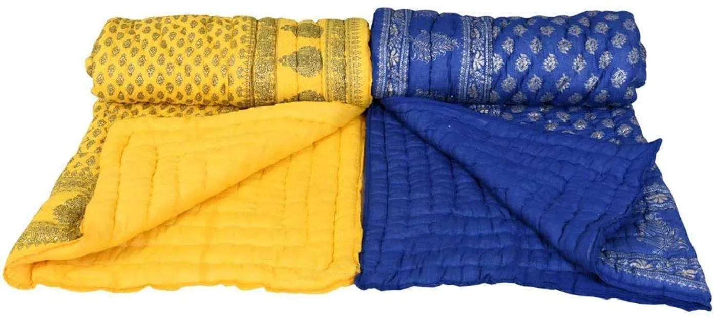 Throw’king Jaipuri Rajai/Razai Shade Single Bed Pure Cotton Jaipuri Razai/Rajai/Quilt/Blanket(55X85 inch) Set of 2 (Yellow/Green)