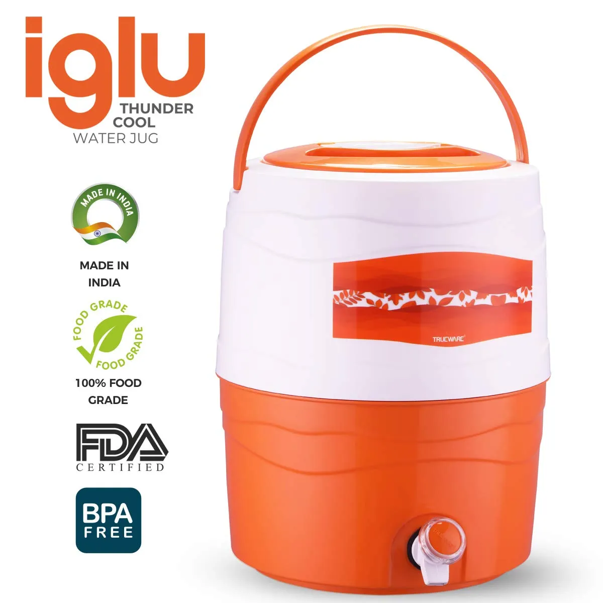 Trueware Iglu 12 Insulated Plastic Water Jug, 10 litres | Orange | 1 Piece | Food Grade | Easy To Carry | BPA Free | Ideal for Travel | Picnic | Homes | Office | Shops | Clinics