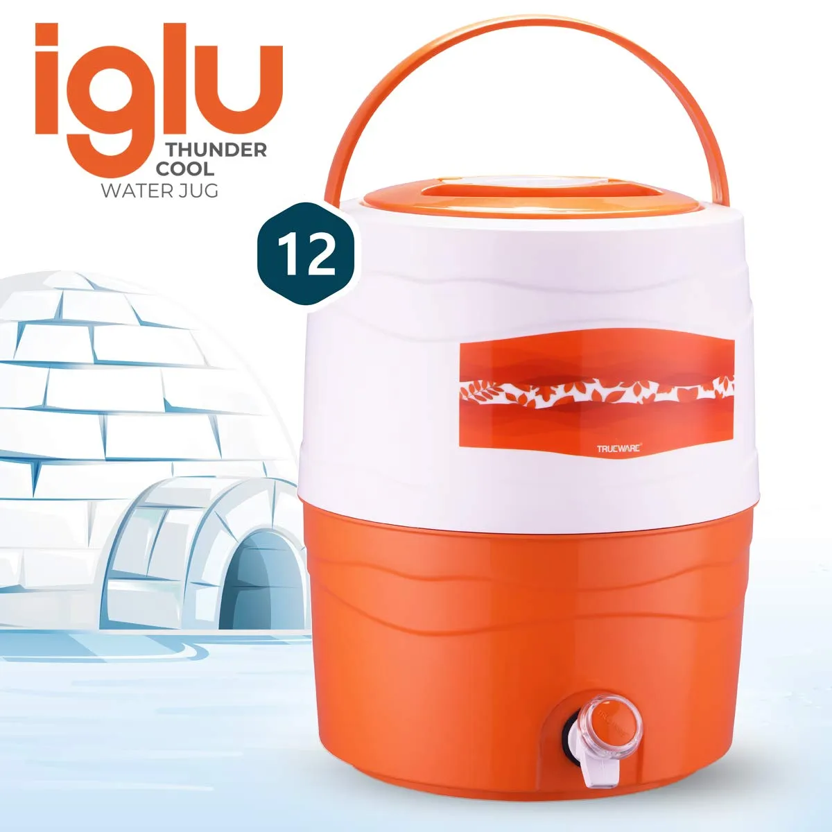 Trueware Iglu 12 Insulated Plastic Water Jug, 10 litres | Orange | 1 Piece | Food Grade | Easy To Carry | BPA Free | Ideal for Travel | Picnic | Homes | Office | Shops | Clinics