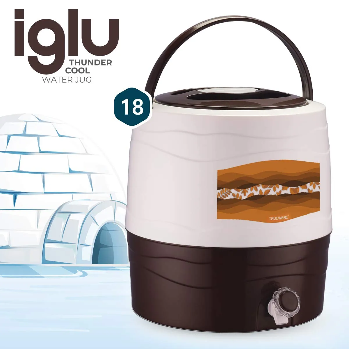 Trueware Iglu 18 Insulated Plastic Water Jug, 16 litres | Brown | 1 Piece | Food Grade | Easy To Carry | BPA Free | Ideal for Travel | Picnic | Homes | Office | Shops | Clinics