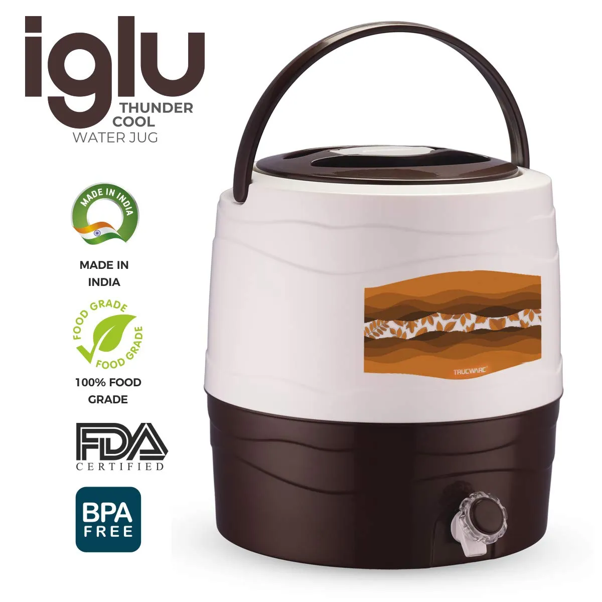 Trueware Iglu 18 Insulated Plastic Water Jug, 16 litres | Brown | 1 Piece | Food Grade | Easy To Carry | BPA Free | Ideal for Travel | Picnic | Homes | Office | Shops | Clinics