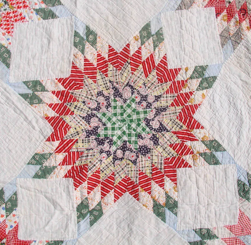 Vintage 1930s Quilt Lone Star Pattern - Hand Sewn