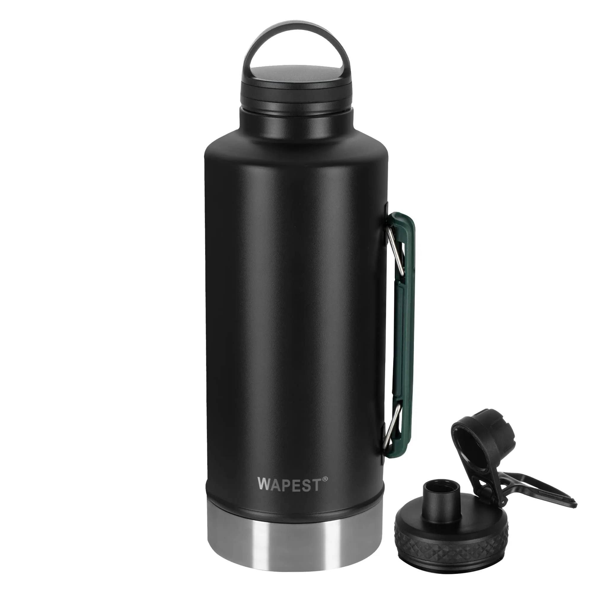 WAPEST 64 OZ Insulated Water Bottle, 2L Vacuum Insulated Wide Mouth Stainless Steel Thermos with Spout Lid and Flex Cap, Keeps Liquid Cold for 48 Hrs or Hot for 24 Hrs, collapsible handle, Black