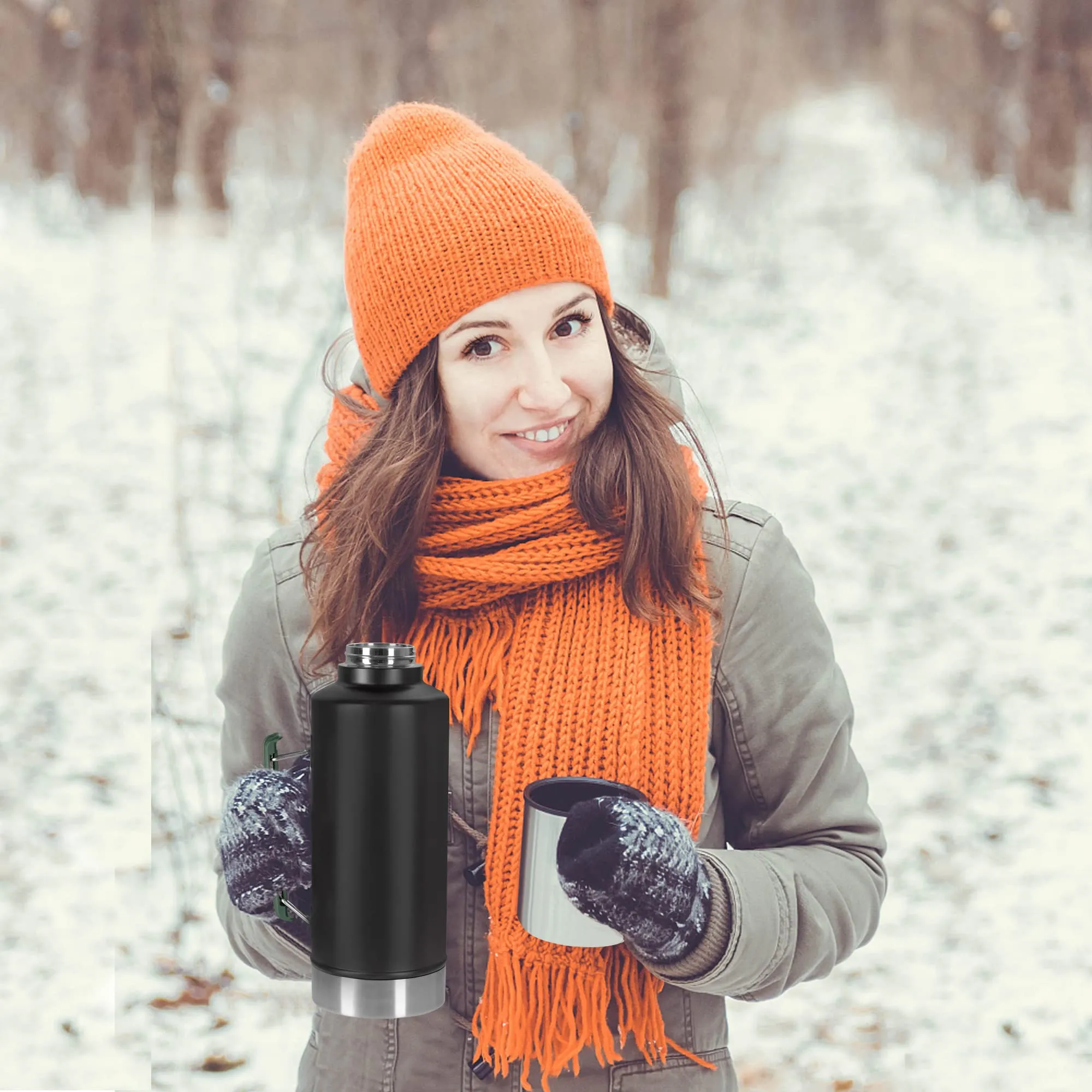 WAPEST 64 OZ Insulated Water Bottle, 2L Vacuum Insulated Wide Mouth Stainless Steel Thermos with Spout Lid and Flex Cap, Keeps Liquid Cold for 48 Hrs or Hot for 24 Hrs, collapsible handle, Black