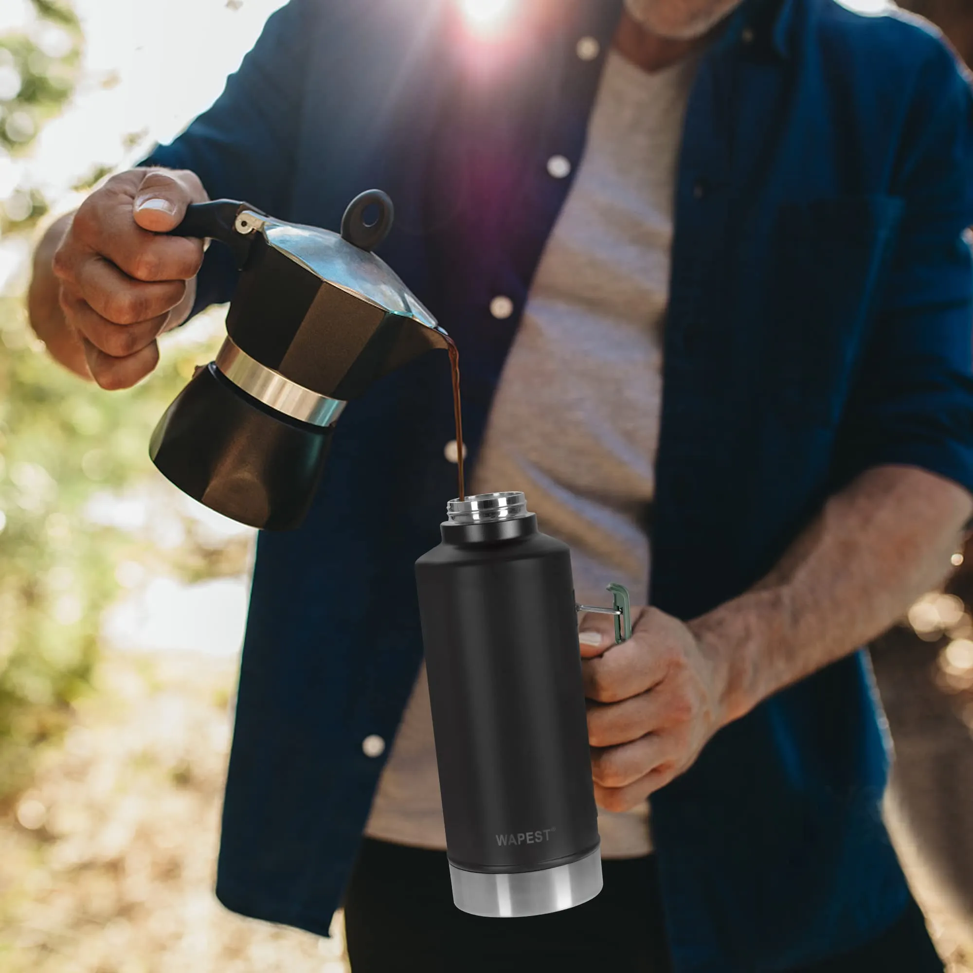 WAPEST 64 OZ Insulated Water Bottle, 2L Vacuum Insulated Wide Mouth Stainless Steel Thermos with Spout Lid and Flex Cap, Keeps Liquid Cold for 48 Hrs or Hot for 24 Hrs, collapsible handle, Black