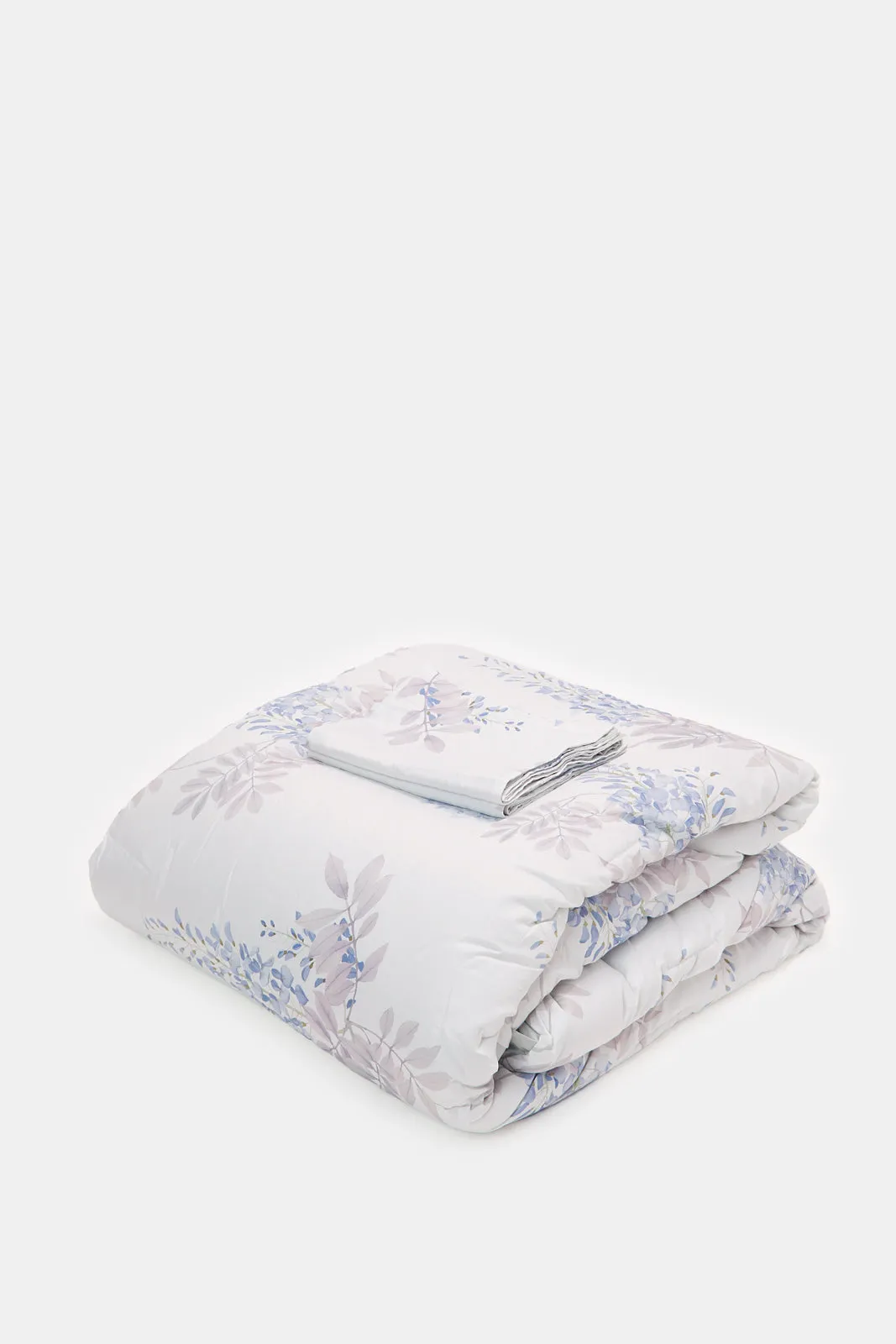 White 5-Piece Leaves Print Cotton Comforter Set (Double Size)