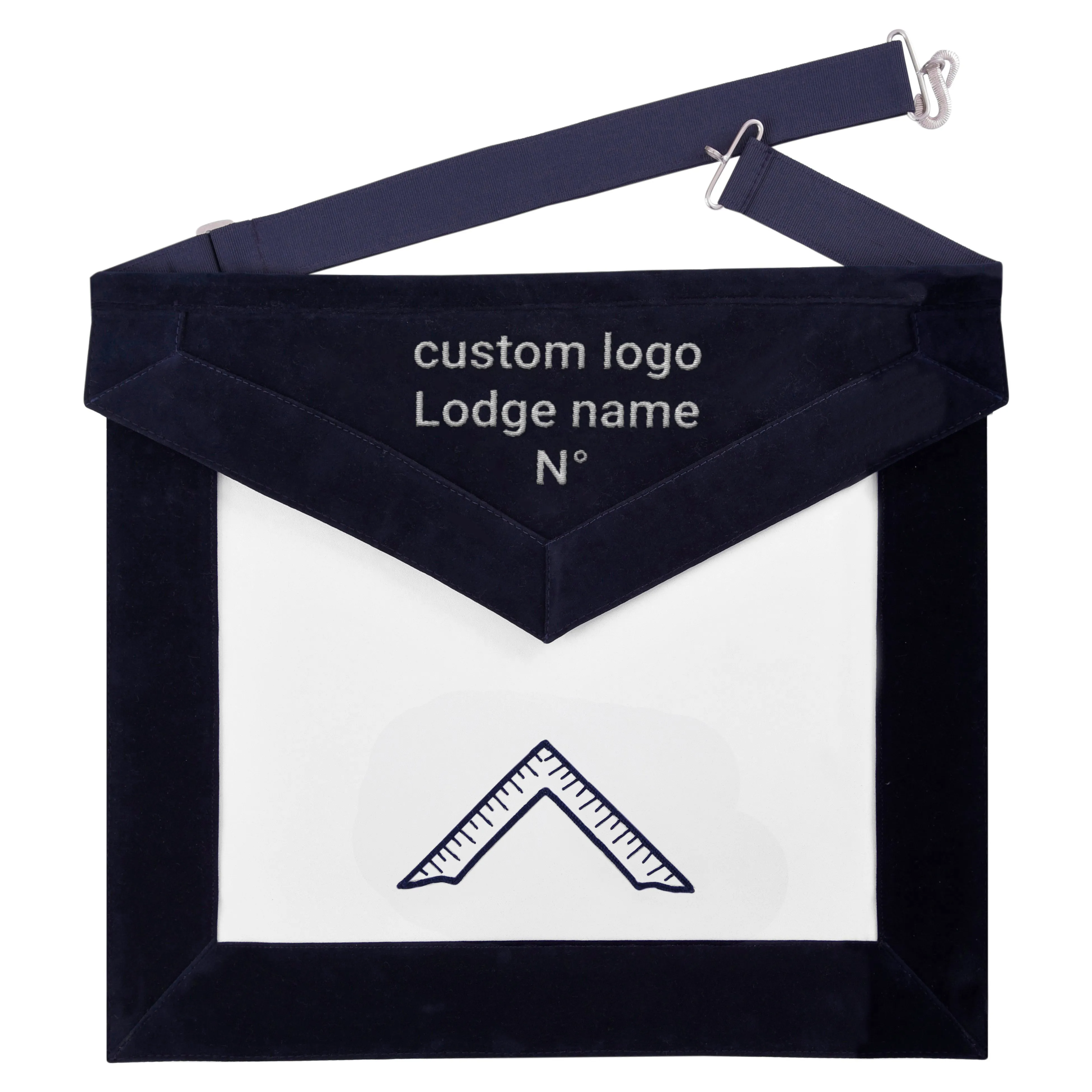 Worshipful Master Blue Lodge Officer Apron -  Navy Velvet With Silver Embroidery Thread