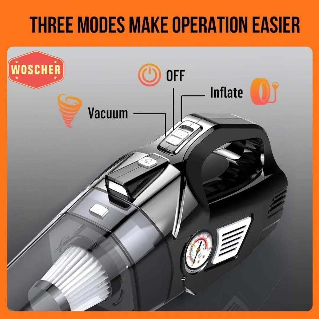 Woscher 578 2in1 Portable Air Compressor Tyre Inflator with Car Vacuum Cleaner, DC12V,120 Watts High Power 5500PA Handheld Car Vacuum w/LED Light, 12FT Power Cord, for Wet/Dry Use, Tyre Inflator