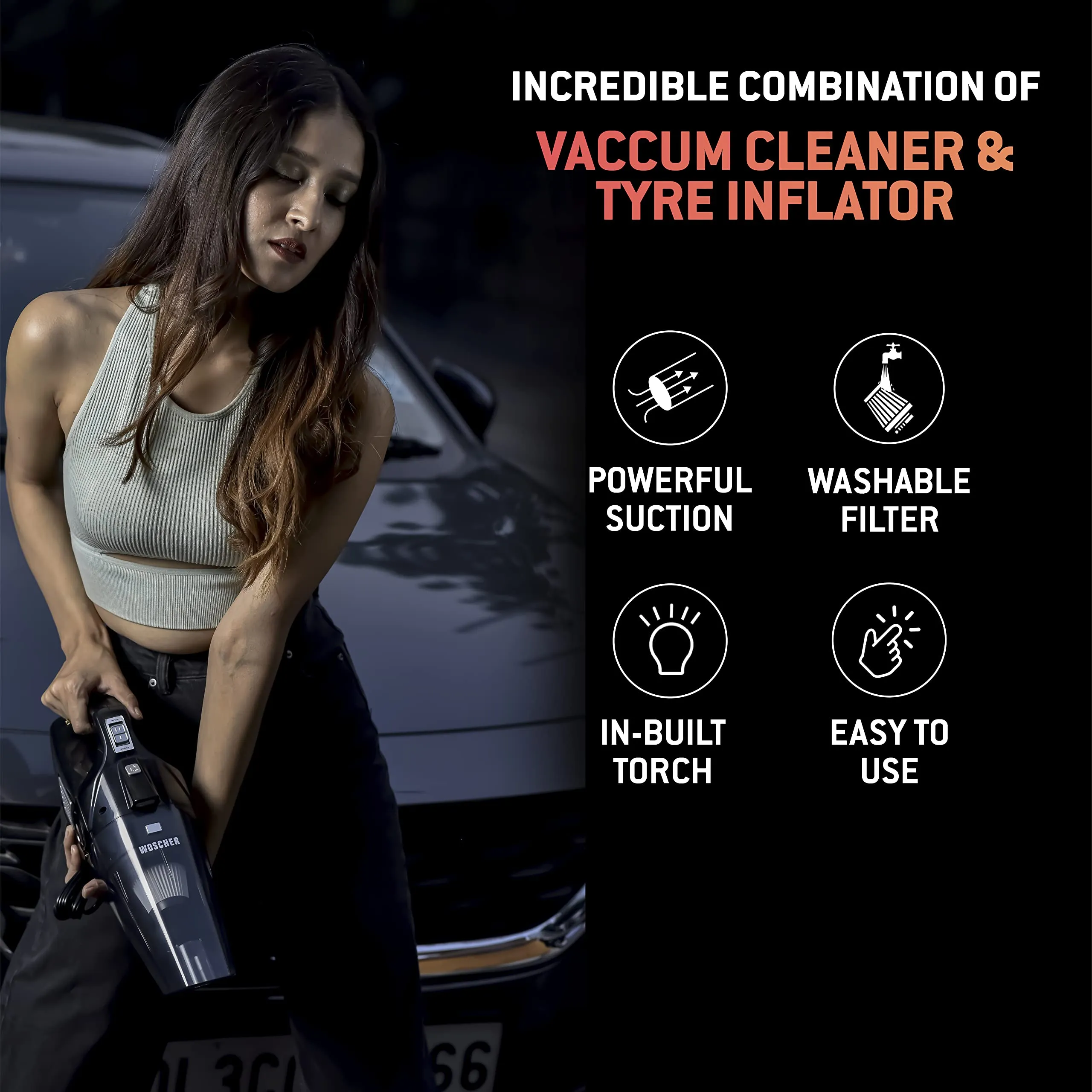 Woscher 578 2in1 Portable Air Compressor Tyre Inflator with Car Vacuum Cleaner, DC12V,120 Watts High Power 5500PA Handheld Car Vacuum w/LED Light, 12FT Power Cord, for Wet/Dry Use, Tyre Inflator